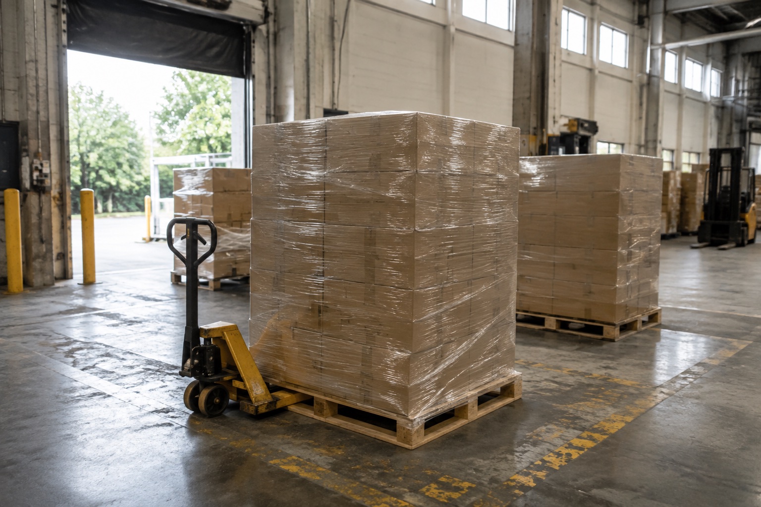 Project Northline concept: wrapped pallets and a pallet jack in a naturally lit warehouse