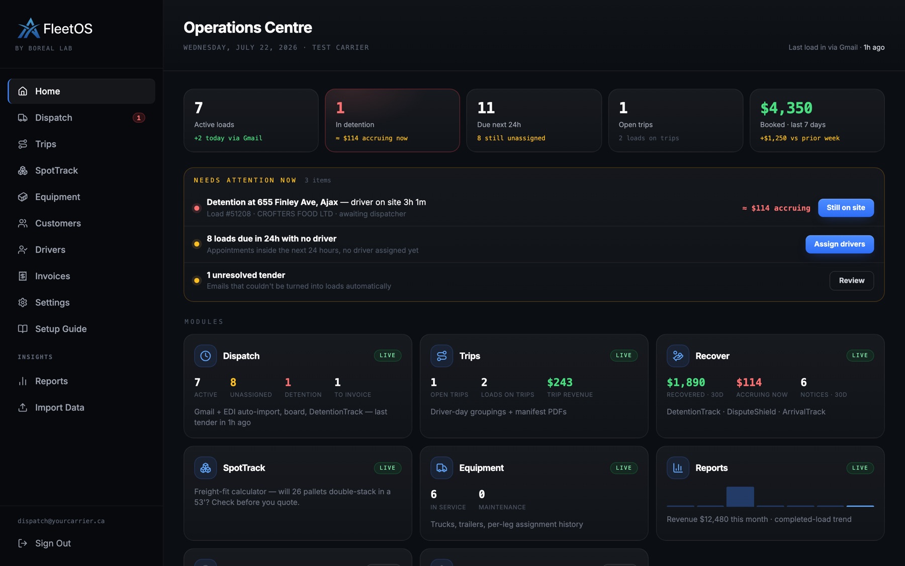 FleetOS operations centre showing active loads, detention events, and revenue status